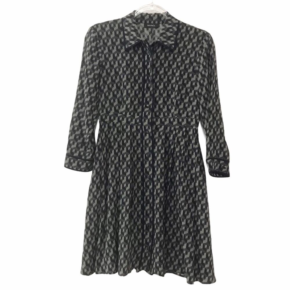 Max & Co 100% Silk Dress Gray / Navy Blue Geometric Print Collared - Size 2